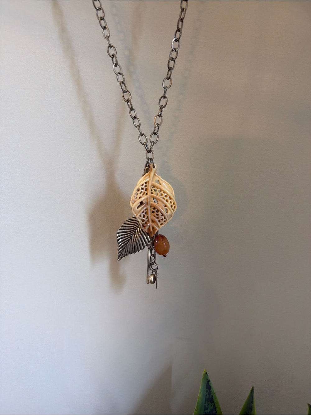 Cream and Silver Leaf Pendant Necklace with Amber Accent